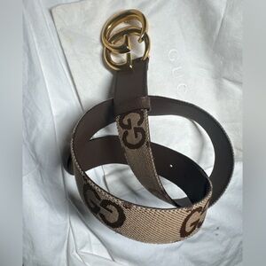 Gucci GG Canvas Belt – Brown/Tan | Leather Trim | Size 85 / US 34